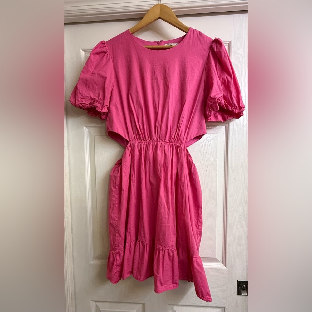 WAYF Pink Puff Sleeve Mini Dress Womens XL Cutout Waist Cottagecore